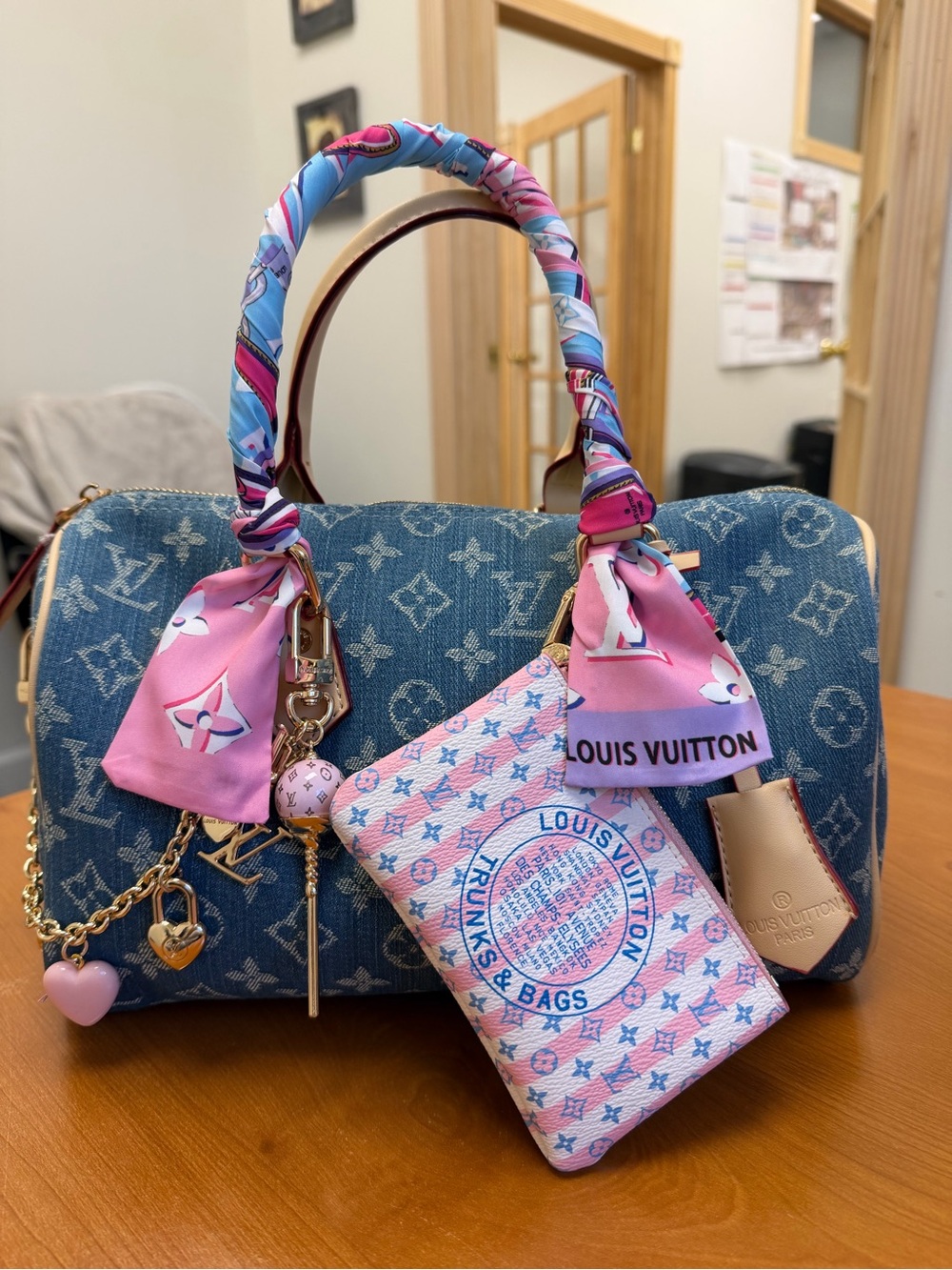 Denim Monogram Speedy LV Bag with Pink And blue Twilly